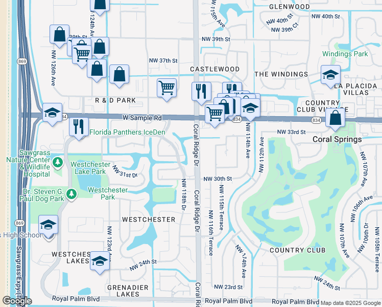 map of restaurants, bars, coffee shops, grocery stores, and more near 3110 Coral Ridge Drive in Coral Springs