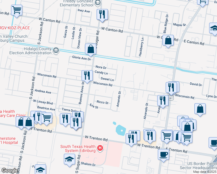 map of restaurants, bars, coffee shops, grocery stores, and more near 3508 Samgar Street in Edinburg