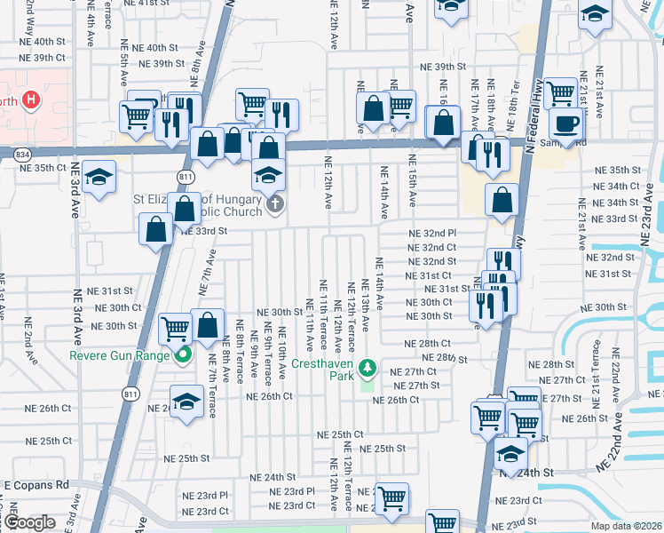 map of restaurants, bars, coffee shops, grocery stores, and more near 3061 Northeast 11th Terrace in Pompano Beach