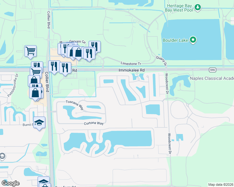 map of restaurants, bars, coffee shops, grocery stores, and more near 9269 Shadow Oak Lane in Naples