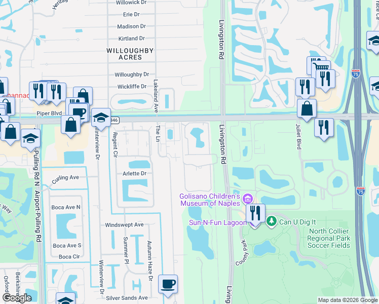 map of restaurants, bars, coffee shops, grocery stores, and more near 4645 Saint Croix Lane in Naples