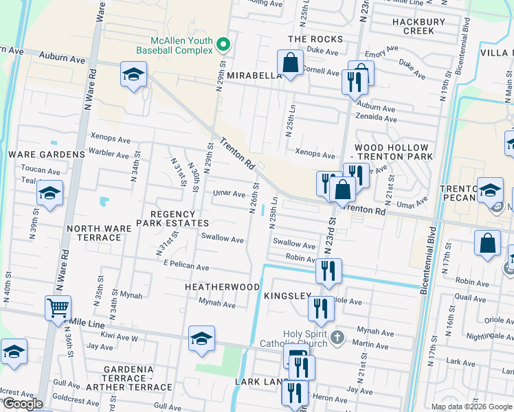 map of restaurants, bars, coffee shops, grocery stores, and more near 7110 North 26th Street in McAllen