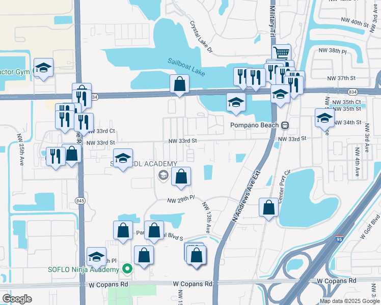 map of restaurants, bars, coffee shops, grocery stores, and more near 1400 Northwest 33rd Street in Pompano Beach