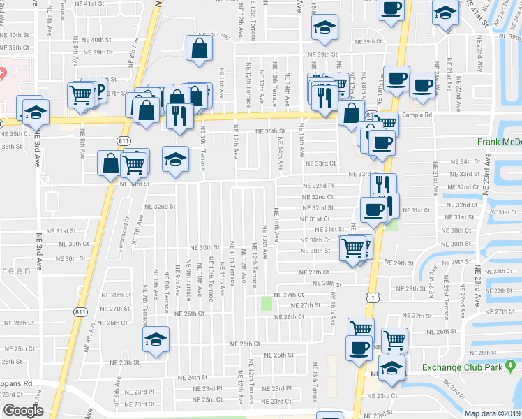 map of restaurants, bars, coffee shops, grocery stores, and more near 3060 Northeast 12th Terrace in Pompano Beach