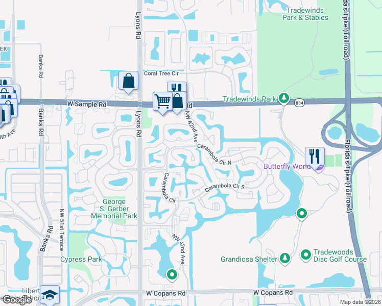 map of restaurants, bars, coffee shops, grocery stores, and more near 4336 Carambola Circle North in Coconut Creek
