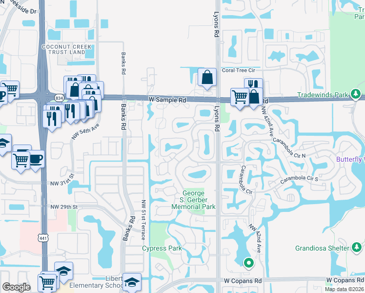 map of restaurants, bars, coffee shops, grocery stores, and more near 3949 Cocoplum Circle in Coconut Creek