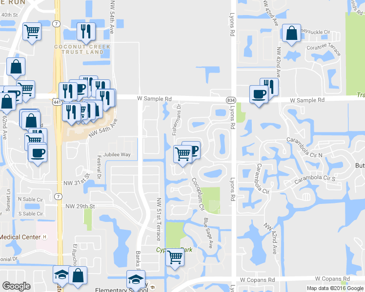 map of restaurants, bars, coffee shops, grocery stores, and more near 4950 Fishermans Drive in Coconut Creek