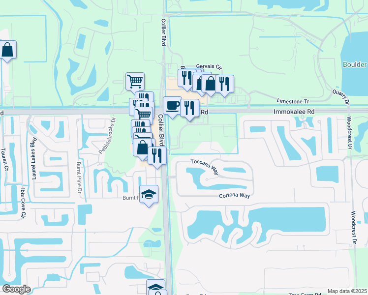 map of restaurants, bars, coffee shops, grocery stores, and more near 14985 Toscana Way in Naples