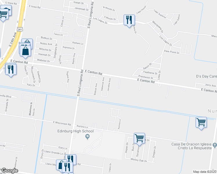 map of restaurants, bars, coffee shops, grocery stores, and more near 3104 Javalina Avenue in Edinburg