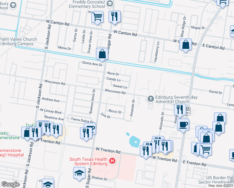 map of restaurants, bars, coffee shops, grocery stores, and more near 3508 Samgar Street in Edinburg
