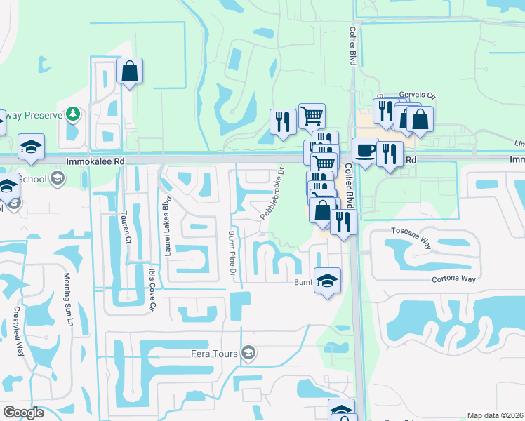 map of restaurants, bars, coffee shops, grocery stores, and more near 8602 Pebblebrooke Drive in Naples