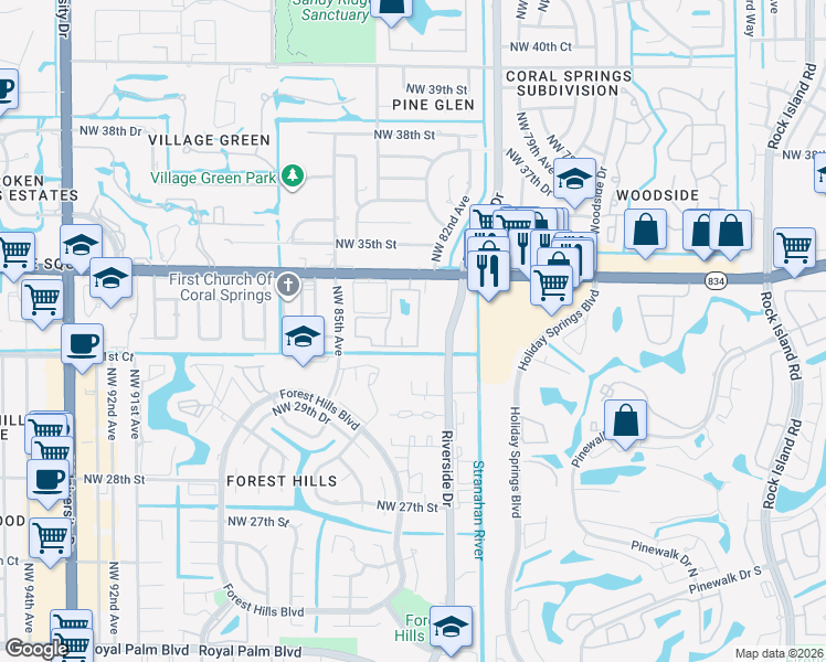 map of restaurants, bars, coffee shops, grocery stores, and more near 3100 Riverside Drive in Coral Springs