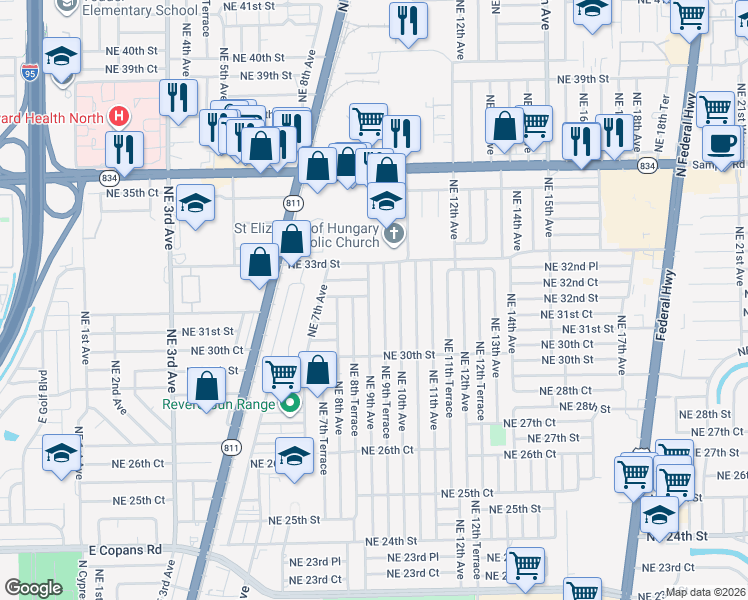 map of restaurants, bars, coffee shops, grocery stores, and more near 3230 Northeast 9th Avenue in Pompano Beach