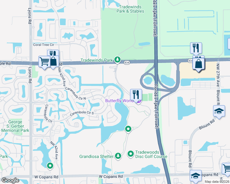 map of restaurants, bars, coffee shops, grocery stores, and more near 2539 Carambola Circle North in Coconut Creek
