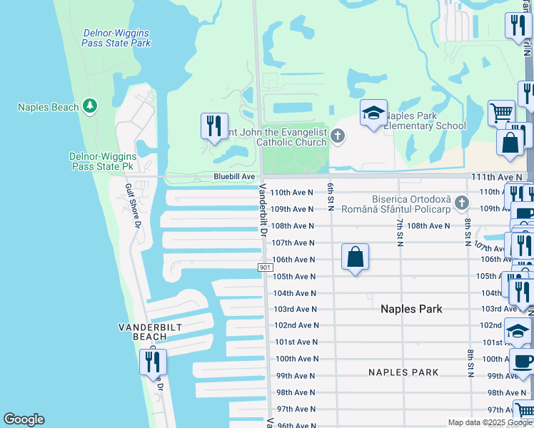 map of restaurants, bars, coffee shops, grocery stores, and more near 10882 Vanderbilt Drive in Naples