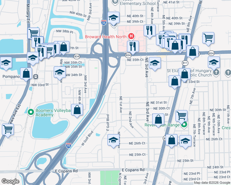 map of restaurants, bars, coffee shops, grocery stores, and more near 3240 East Golf Boulevard in Pompano Beach