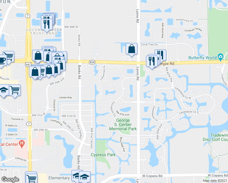 map of restaurants, bars, coffee shops, grocery stores, and more near 104 Cocoplum Circle in Coconut Creek