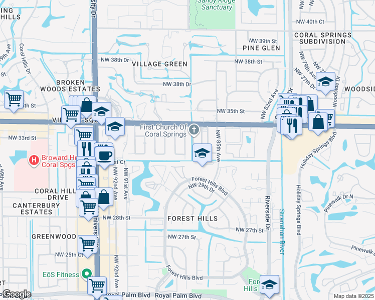 map of restaurants, bars, coffee shops, grocery stores, and more near 3209 Northwest 87th Avenue in Coral Springs