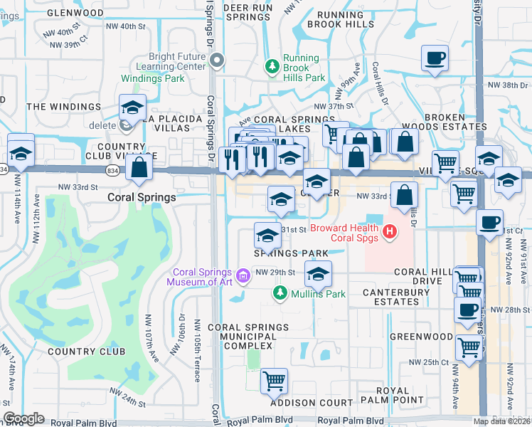 map of restaurants, bars, coffee shops, grocery stores, and more near 10254 Northwest 33rd Street in Coral Springs