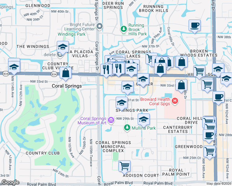 map of restaurants, bars, coffee shops, grocery stores, and more near 10254 Northwest 33rd Street in Coral Springs