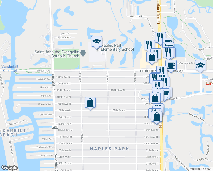 map of restaurants, bars, coffee shops, grocery stores, and more near 693 109th Avenue North in Naples
