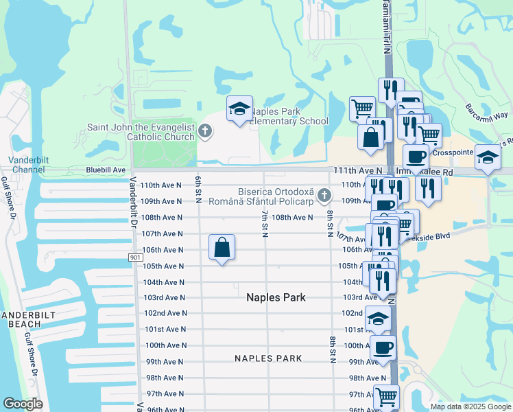 map of restaurants, bars, coffee shops, grocery stores, and more near 693 109th Avenue North in Naples