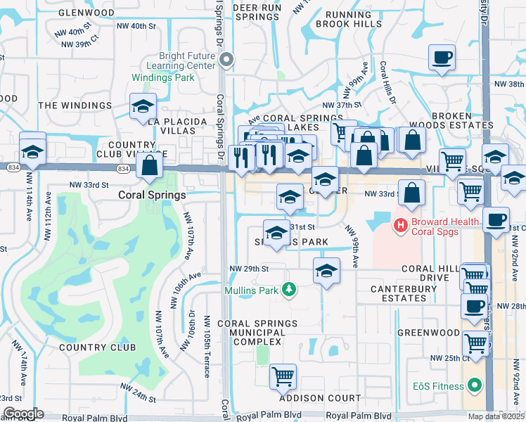 map of restaurants, bars, coffee shops, grocery stores, and more near 10254 Northwest 33rd Street in Coral Springs