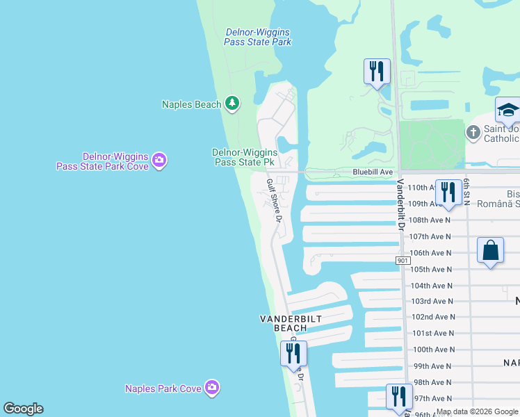 map of restaurants, bars, coffee shops, grocery stores, and more near 10951 Gulf Shore Drive in Naples