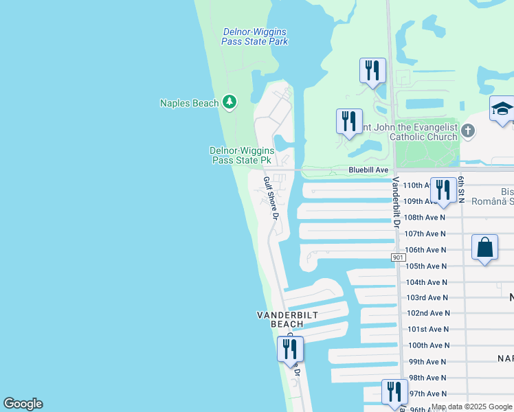 map of restaurants, bars, coffee shops, grocery stores, and more near 10851 Gulf Shore Drive in Naples