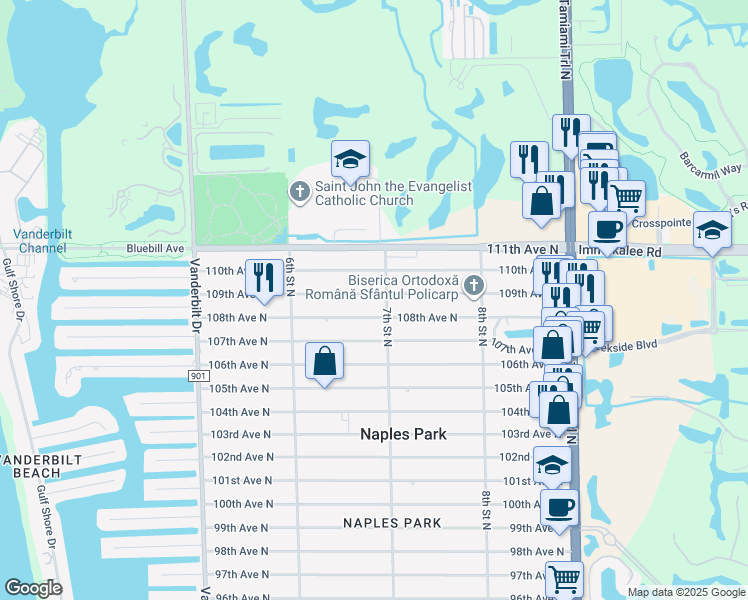 map of restaurants, bars, coffee shops, grocery stores, and more near 693 109th Avenue North in Naples