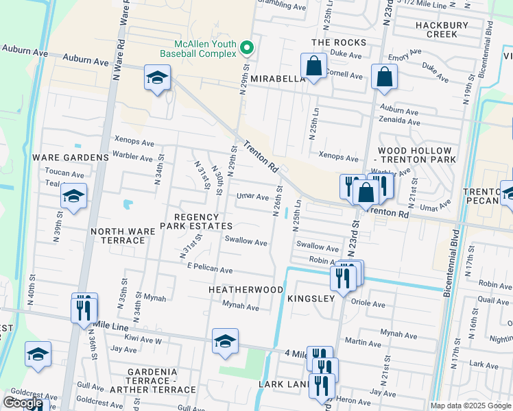 map of restaurants, bars, coffee shops, grocery stores, and more near 2712 Umar Avenue in McAllen