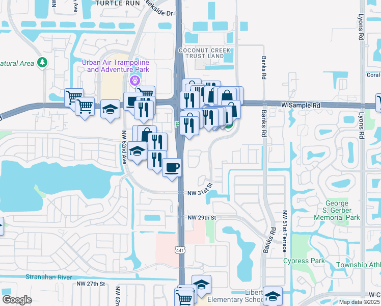 map of restaurants, bars, coffee shops, grocery stores, and more near 3387 Merrick Court in Margate