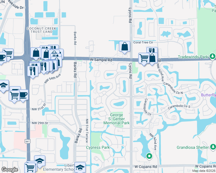 map of restaurants, bars, coffee shops, grocery stores, and more near 104 Cocoplum Circle in Coconut Creek