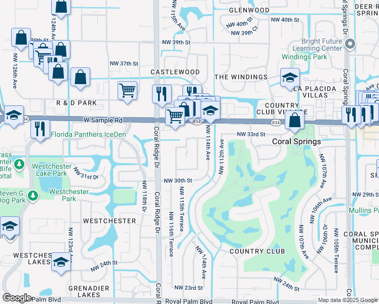 map of restaurants, bars, coffee shops, grocery stores, and more near 3240 Northwest 114th Lane in Coral Springs