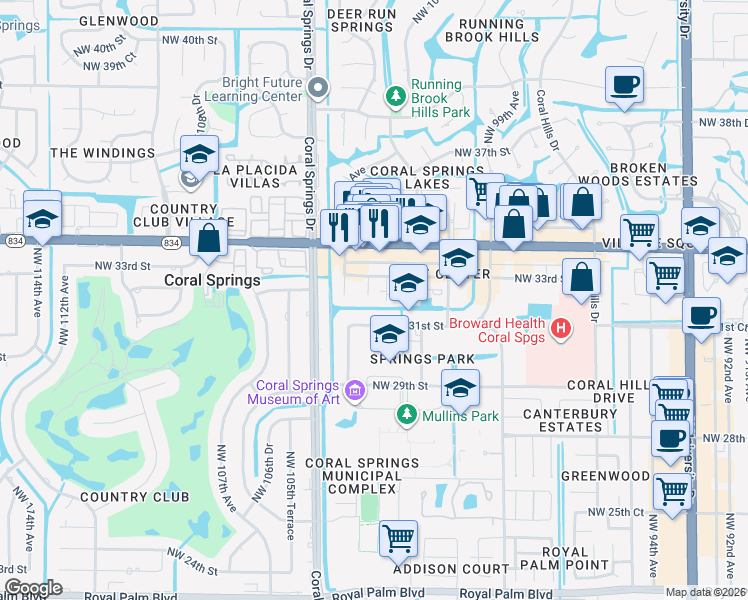 map of restaurants, bars, coffee shops, grocery stores, and more near 10254 Northwest 33rd Street in Coral Springs