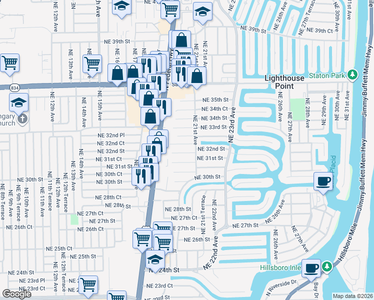 map of restaurants, bars, coffee shops, grocery stores, and more near 2011 Northeast 32nd Street in Lighthouse Point