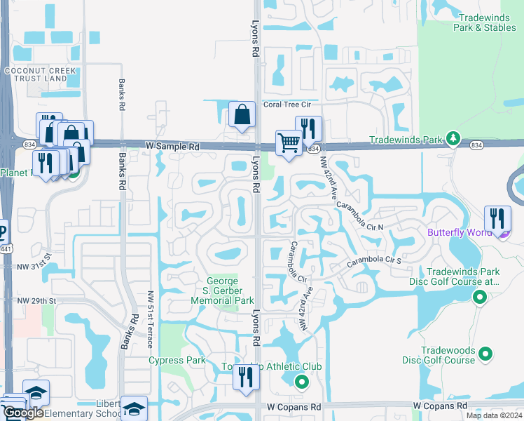 map of restaurants, bars, coffee shops, grocery stores, and more near 3767 Carambola Circle North in Coconut Creek