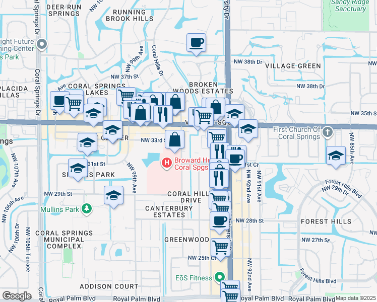 map of restaurants, bars, coffee shops, grocery stores, and more near 3350 Northwest 94th Avenue in Coral Springs