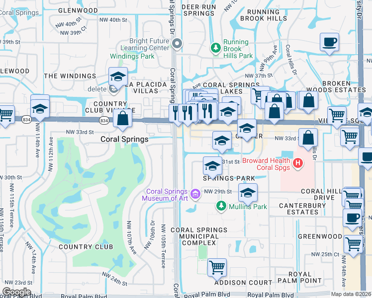 map of restaurants, bars, coffee shops, grocery stores, and more near 3279 Northwest 104th Avenue in Coral Springs