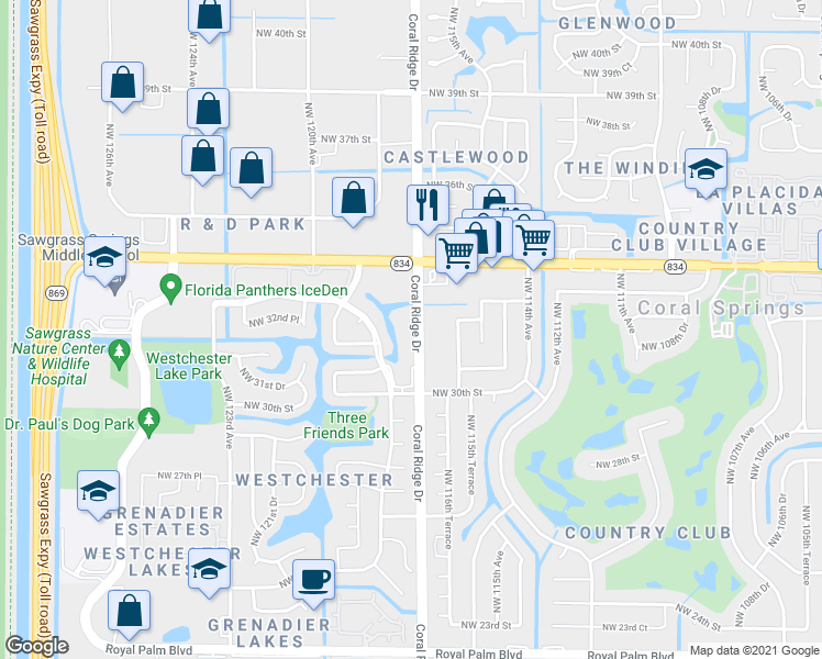 map of restaurants, bars, coffee shops, grocery stores, and more near 3262 Coral Ridge Drive in Coral Springs