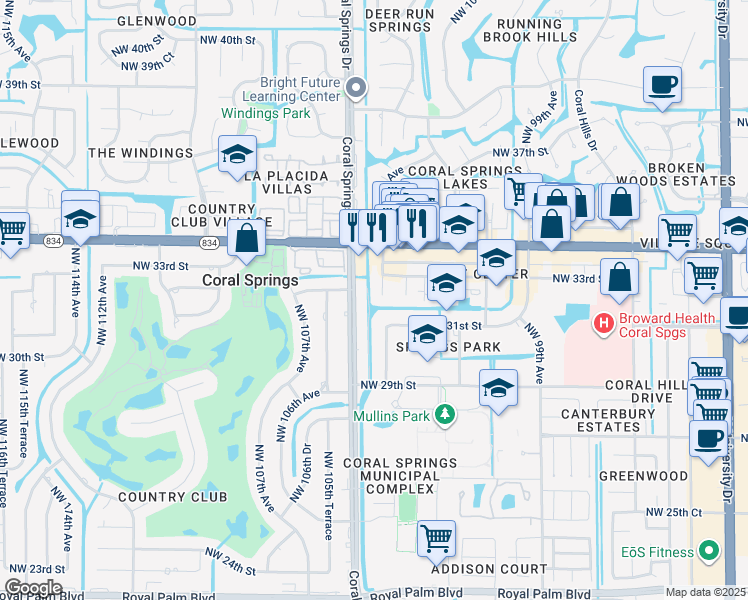 map of restaurants, bars, coffee shops, grocery stores, and more near 3279 Northwest 104th Avenue in Coral Springs