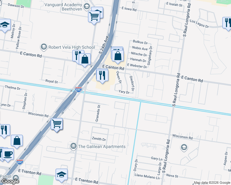 map of restaurants, bars, coffee shops, grocery stores, and more near 3009 Owen Drive in Edinburg