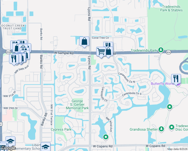 map of restaurants, bars, coffee shops, grocery stores, and more near 3755 Carambola Circle North in Coconut Creek