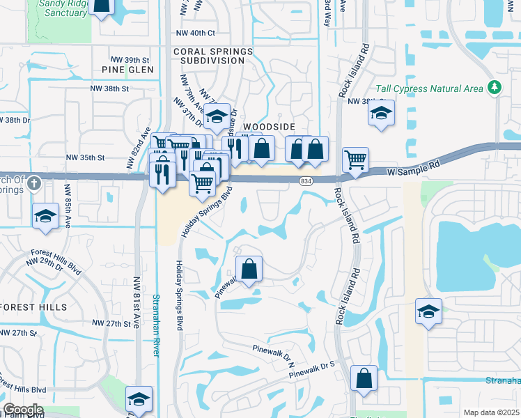 map of restaurants, bars, coffee shops, grocery stores, and more near 7651 Normande Court in Margate
