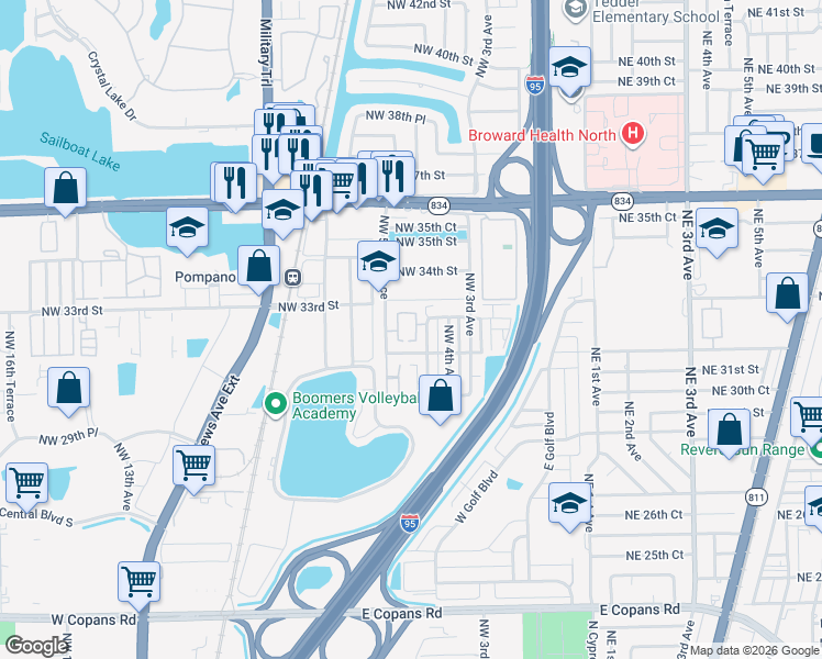 map of restaurants, bars, coffee shops, grocery stores, and more near 3201 Northwest 4th Terrace in Pompano Beach