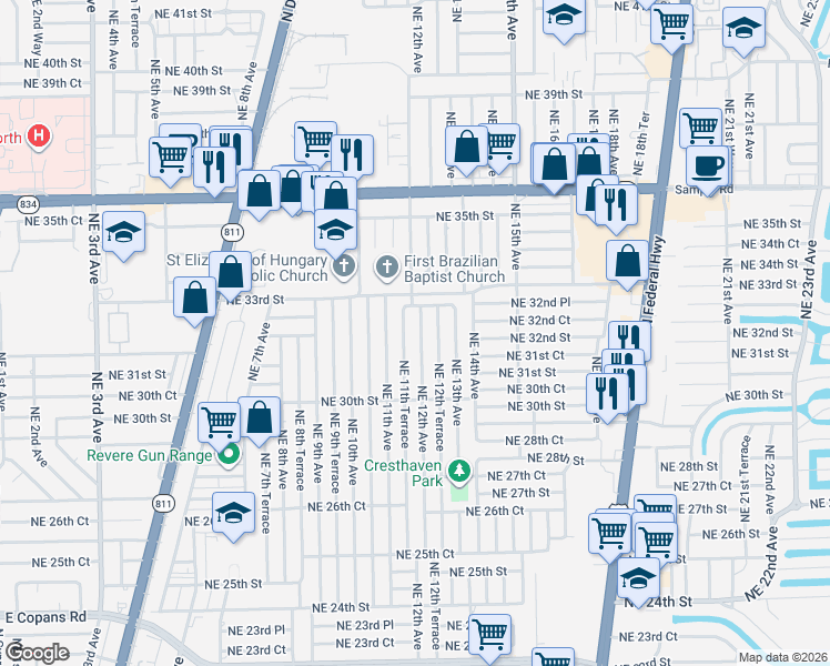 map of restaurants, bars, coffee shops, grocery stores, and more near 3161 Northeast 11th Terrace in Pompano Beach