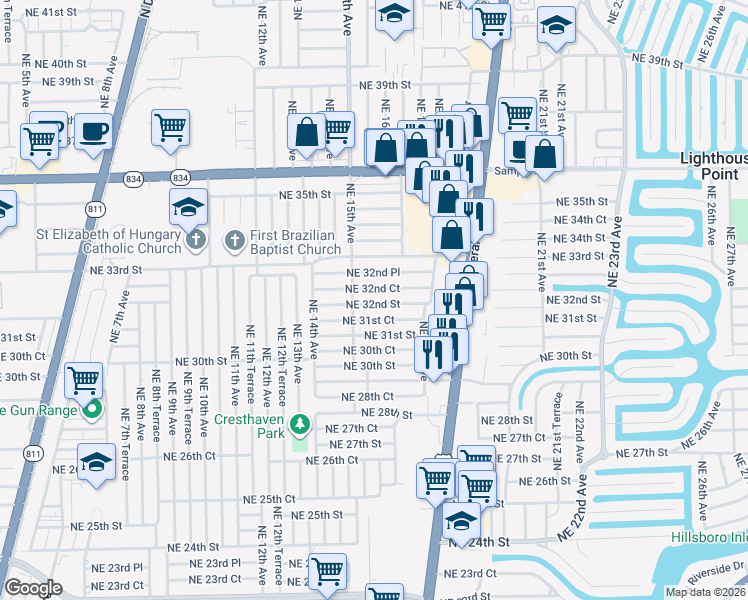 map of restaurants, bars, coffee shops, grocery stores, and more near 1561 Northeast 32nd Court in Pompano Beach