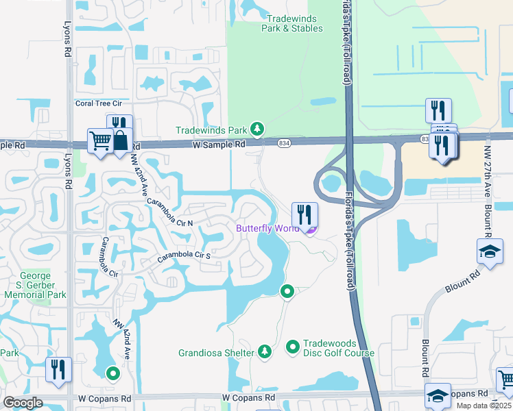 map of restaurants, bars, coffee shops, grocery stores, and more near 2539 Carambola Circle North in Coconut Creek