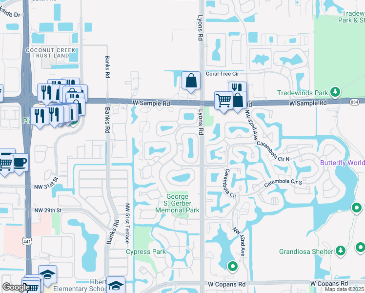 map of restaurants, bars, coffee shops, grocery stores, and more near 3502 Cocoplum Circle in Margate
