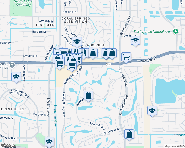 map of restaurants, bars, coffee shops, grocery stores, and more near 7651 Normande Court in Margate